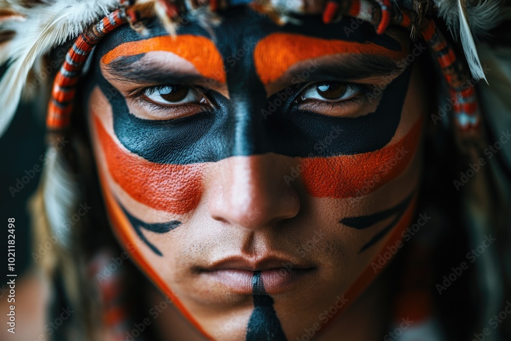 Poster a close-up shot of an individual with a painted facial expression, ideal for use in creative or arti