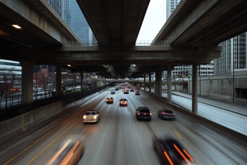 Cars drive under a bridge on a highway, a common transportation infrastructure