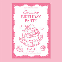 Vector birthday party invitation with line illustration of cupcake with berries, cream, lettering 