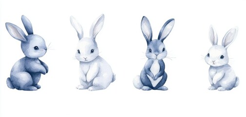 Fototapeta premium Charming watercolor bunny collection, featuring fluffy rabbits in different poses, ideal for animal-themed branding, childrens products, or cute decor