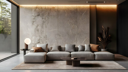 Modern Living Room Interior Design with Grey Sofa, Coffee Table, and Plants - 3D Illustration