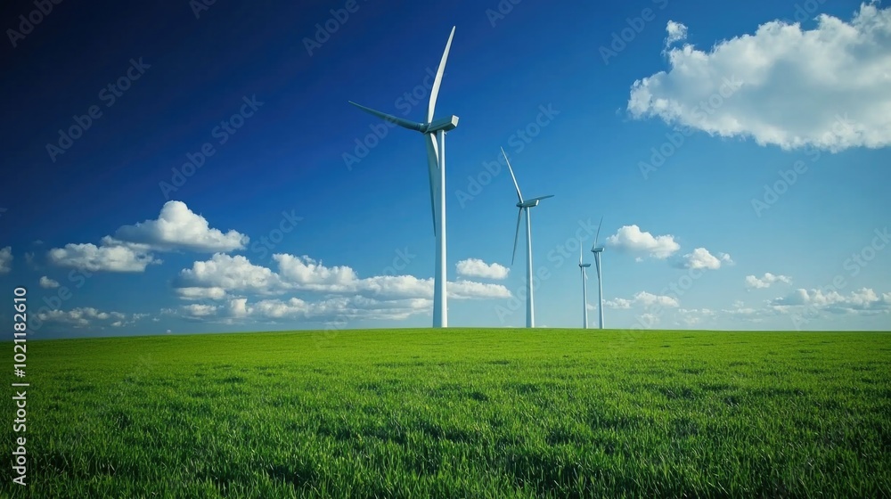 Poster a field of green grass with wind turbines in the background