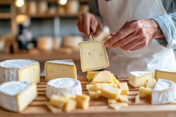 Close-up of a cheese connoisseur selecting aged regional cheeses from a wooden rack in a dimly lit cellar, cheese, regional, aged, gourmet, artisan