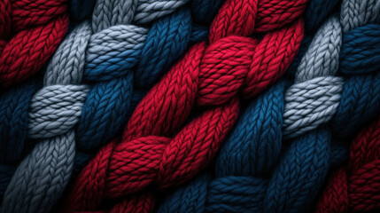 Colorful knitwear combining red, blue, and gray strands creates a textured background perfect for textile-themed projects and branding