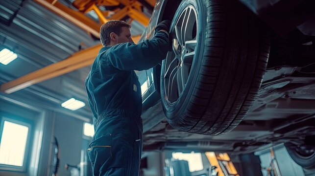 A focused male mechanic is working on a car's tire in a modern workshop, showcasing his skills and dedication.