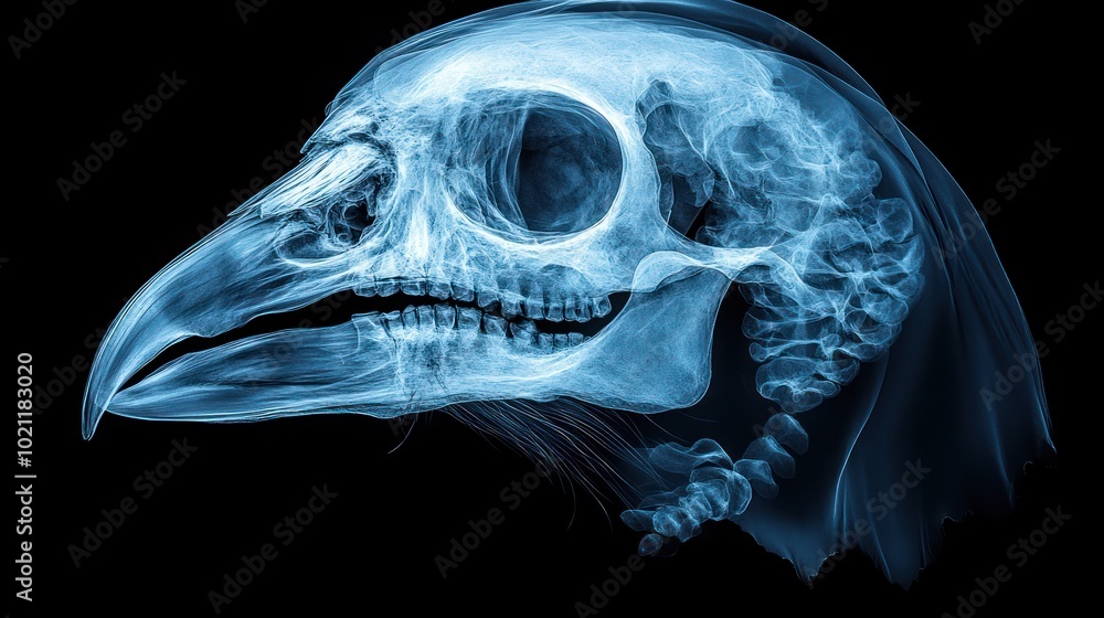 Poster x-ray image of a bird skull showcasing skeletal structure.