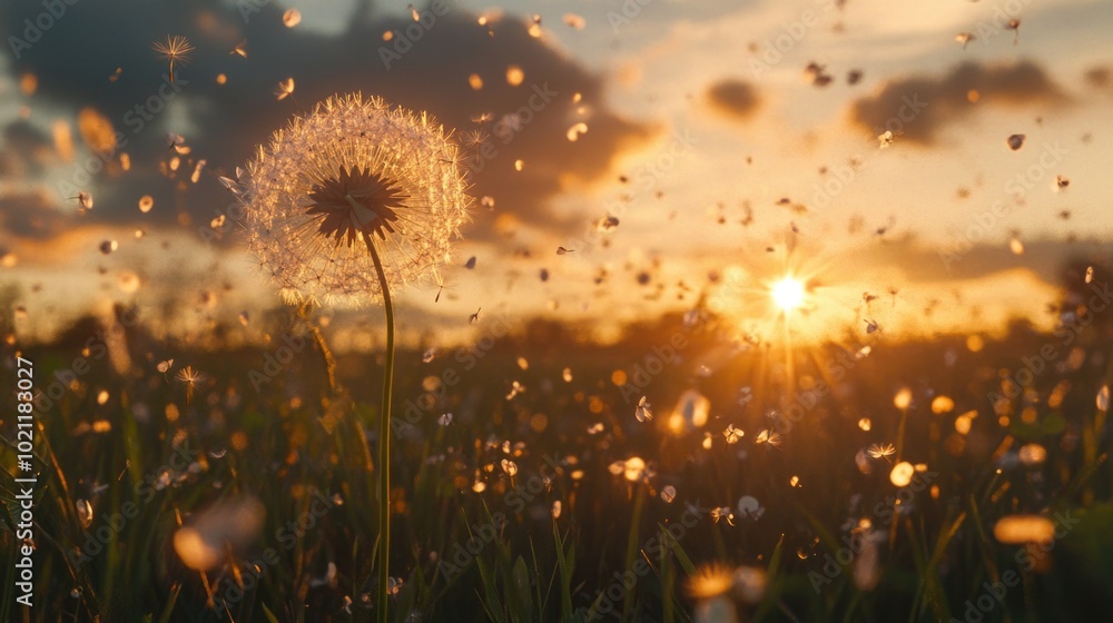 Aufkleber a single dandelion stands tall in the middle of a sunny field at sunset