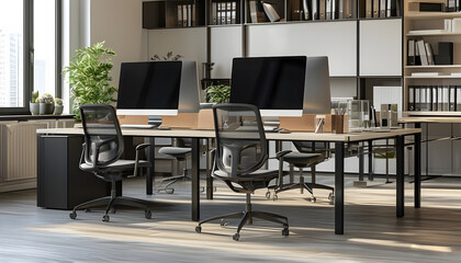 The work space is equipped with rows of individual desks equipped with computers and ergonomic office chairs, a modern and minimalist office