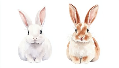 Obraz premium Cute watercolor bunnies with soft fur, ideal for nature-inspired artwork, baby nursery decor, or spring-themed designs