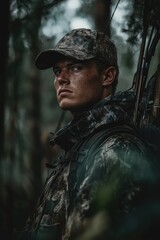 Obraz premium A person hiking in the woods, equipped with a bow and hat