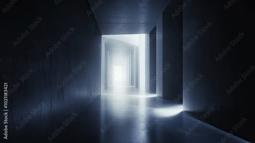Poster a dark room illuminated by a bright background, creating a striking contrast and an intriguing visua