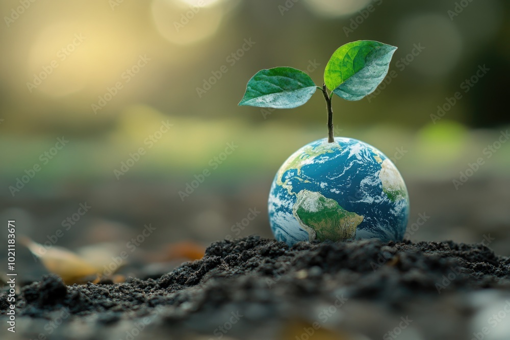 Wall mural A tiny seedling emerging from a small glass globe, surrounded by soil and roots