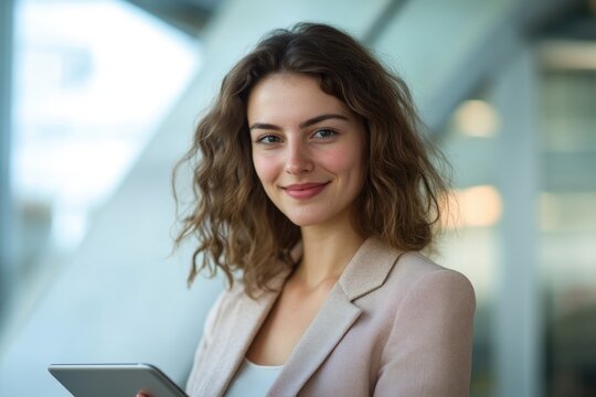 A woman holding a tablet computer, perfect for technology-related concepts or personal use
