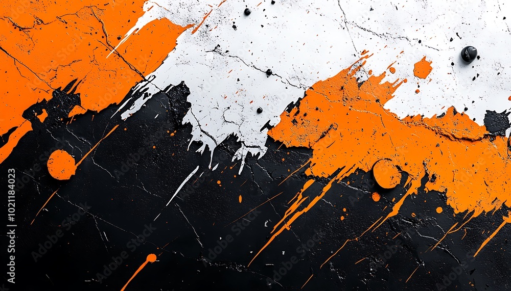 Poster an abstract painting featuring splashes of orange and white against a black background, creating a d