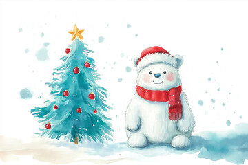 Christmas card, bear and Christmas tree on a white background