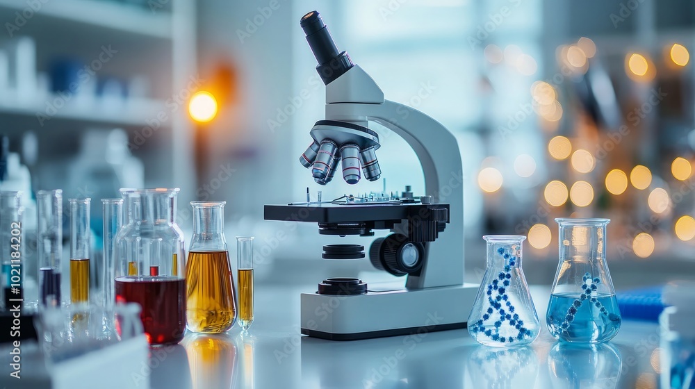 Poster a microscope with a slide, beakers, and test tubes on a table in a laboratory.