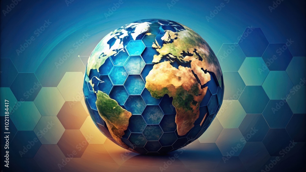 Poster hexagonal globe earth in abstract design with geometric patterns for graphic projects