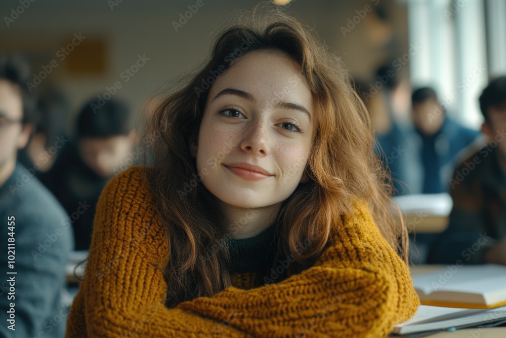 Poster a student sitting at a table in a classroom, suitable for educational or learning scenarios