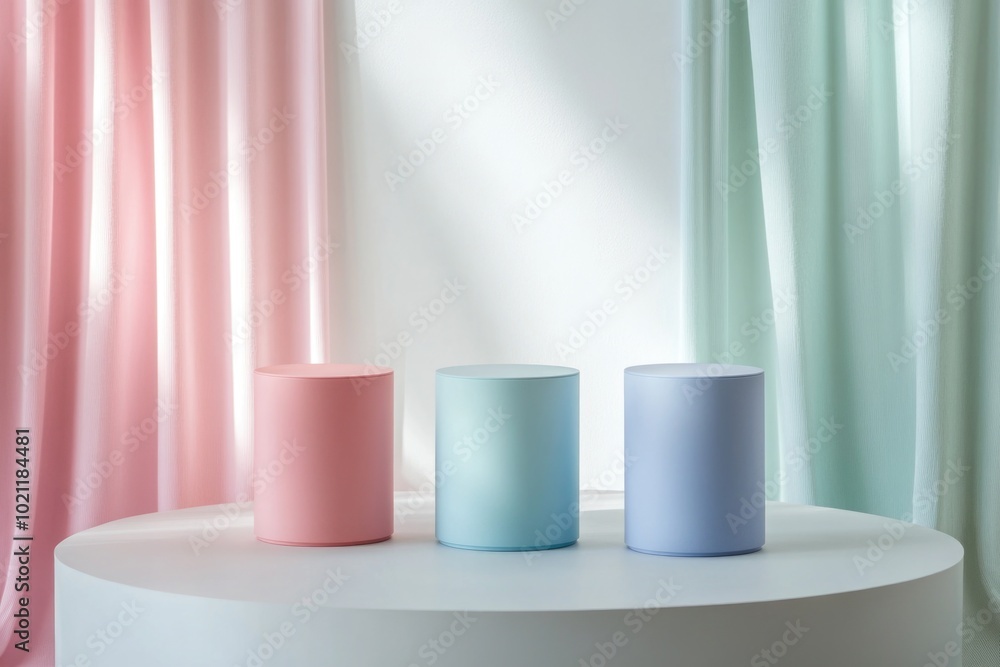 Poster Three decorative vases sit on a table with a curtain in the background