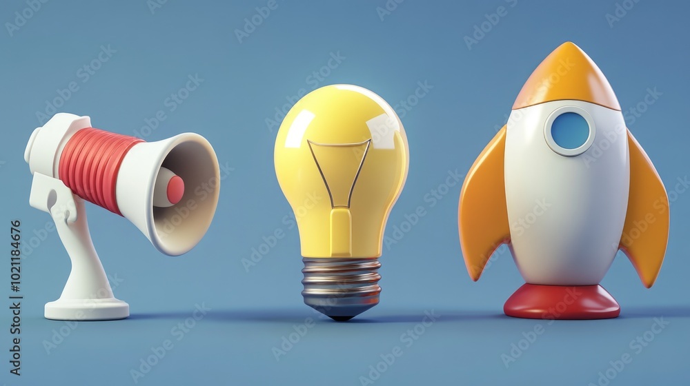 Poster a collection of toy rockets surrounded by a light bulb, great for use in illustrations or designs re