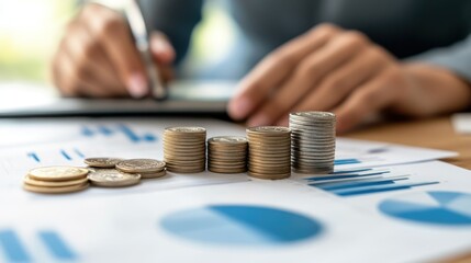 A person analyzing financial documents with stacked coins and graphs on a desk.