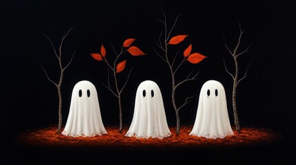 Three cute ghost figures with autumn leaves on a dark background.