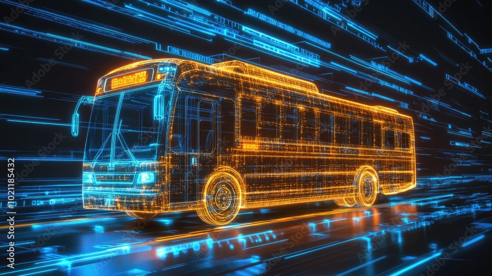 Poster a digital school bus embedded with binary code, representing ai-driven student transportation with s