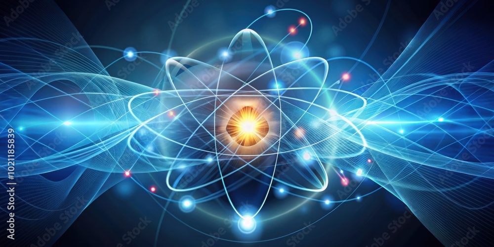 Aufkleber abstract representation of atomic structure with particles and energy waves physics chemistry concep
