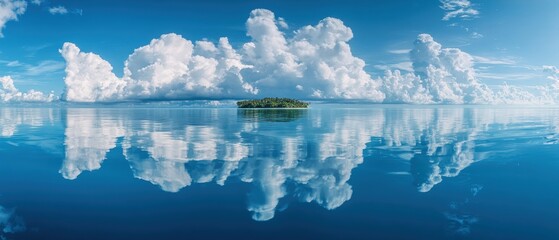 A serene tropical island reflecting on calm ocean waters under a bright blue sky with fluffy white clouds.