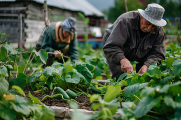 Elderly pensioners at their dacha are engaged in agricultural work, harvesting cucumbers in the garden, realistic photo