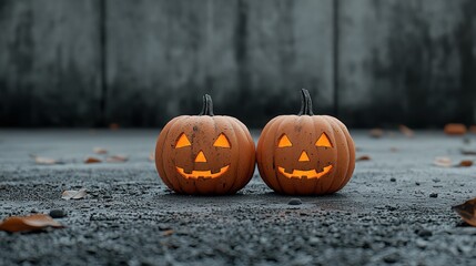 Two carved Halloween pumpkins glowing against a dark concrete background.