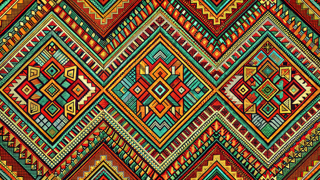 Abstract intricate ethnic pattern embroidered on fabric, traditional tribal design