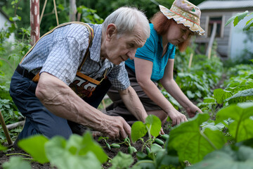 Elderly pensioners at their dacha are engaged in agricultural affairs, planting vegetables in beds in the garden, realistic photography