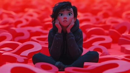 A young character sits amidst a sea of red question marks, expressing confusion and contemplation.