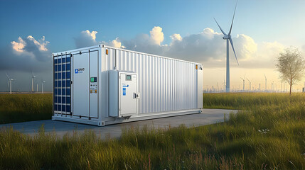 A White Container with Solar Panels Sits in a Field of Green Grass with a Wind Turbine in the Background