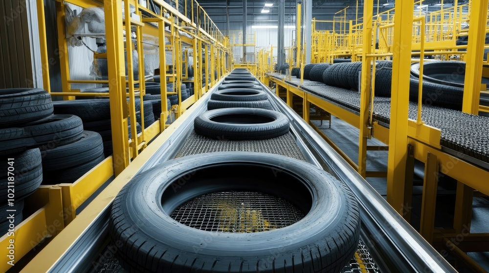 Poster a factory conveyor system efficiently transporting used tires through various stages of the recyclin