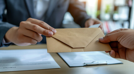 Businessmen hand over an envelope while working on a project plan at an office desk, emphasizing business collaboration.

