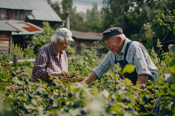 Fototapeta premium Elderly pensioners at their dacha are engaged in agricultural activities, harvest blueberries in the garden, realistic photo