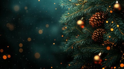 The festive Christmas tree features lush green branches adorned with golden ornaments and pinecones, creating a warm and inviting atmosphere. Soft bokeh lights sparkle in the background, enhancing the
