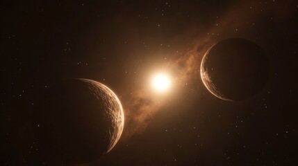 Naklejka premium Two planets silhouetted against a glowing sun in a distant galaxy.
