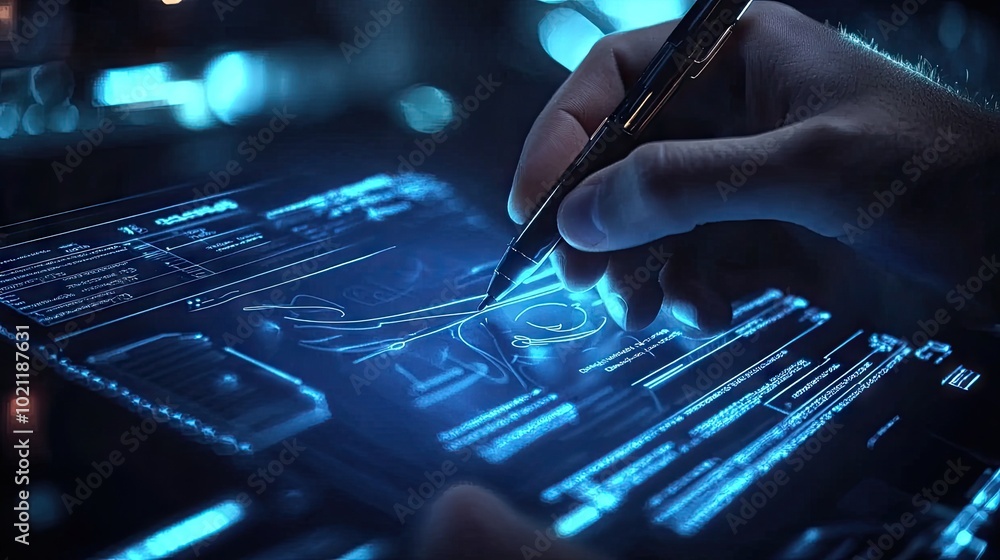 Poster a futuristic digital interface showing an electronic signature being applied to a contract, represen