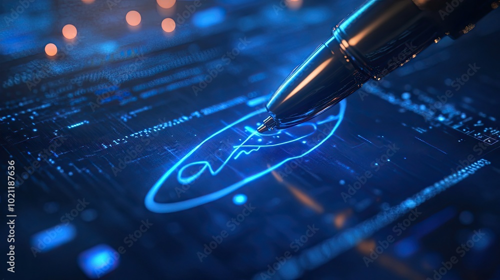Poster a futuristic digital interface showing an electronic signature being applied to a contract, represen