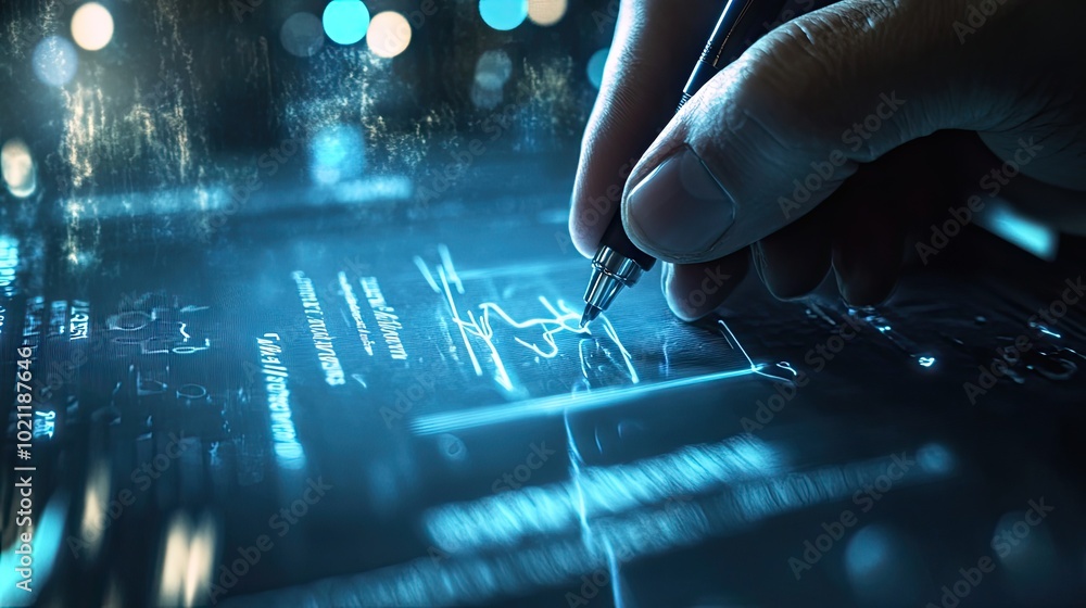 Poster a futuristic digital interface showing an electronic signature being applied to a contract, represen