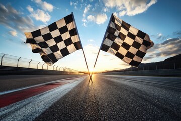 Two checkered flags on a race track, used as finish markers for racing competitions