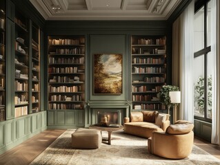 An elegant library using olive green and light brown, highlighted with artistic touches