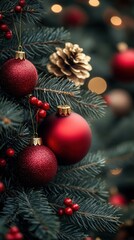 A close-up view of a beautifully decorated Christmas tree showcasing vibrant red ornaments, festive pinecones, and sprigs of berry. The warm bokeh lights in the background create a cozy holiday atmosp