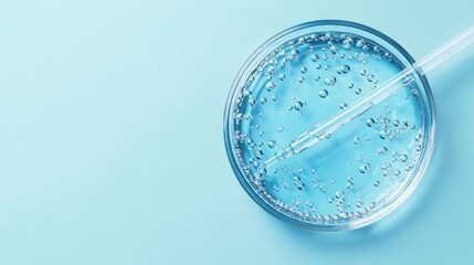 A petri dish with a clear liquid and a dropper on a blue background.