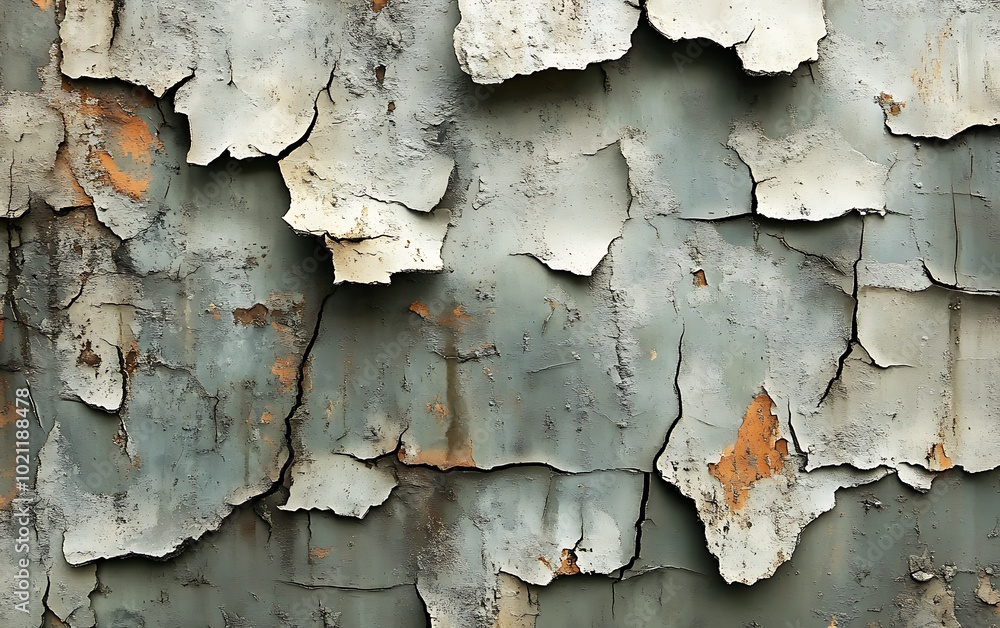 Fototapete a close-up view of a weathered surface featuring peeling paint in shades of blue, gray, and hints of