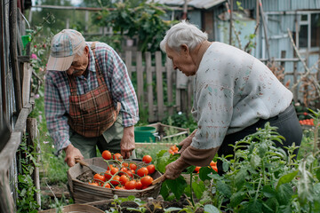 Elderly pensioners at their dacha doing agricultural work, harvesting tomatoes in the garden, realistic photo