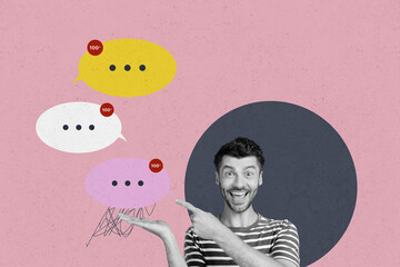 Composite photo collage of happy man point bubble notification correspondence concept text box...